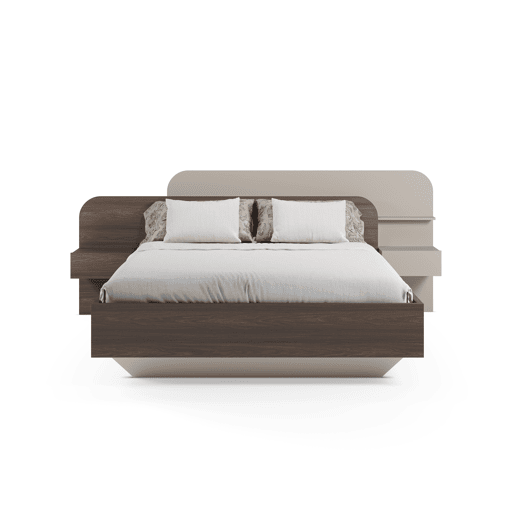 Cama 160x200cm HALO creme e nogueira com 2 mesas e cabeceira
