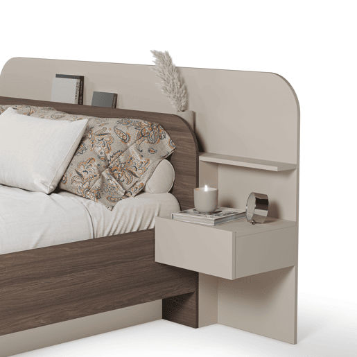 Cama 160x200cm HALO creme e nogueira com 2 mesas e cabeceira
