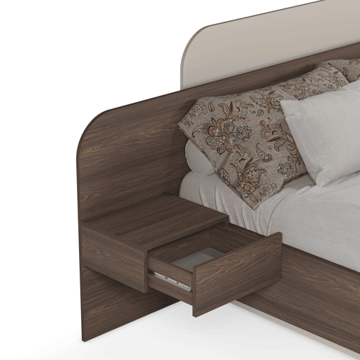 Cama 160x200cm HALO creme e nogueira com 2 mesas e cabeceira