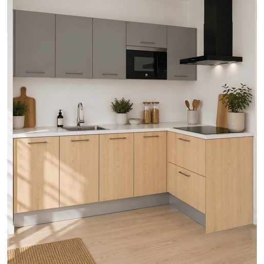 Cozinha ESENCIAL L2415 L 2,4x1,5m 16mm madeira natural e cinza