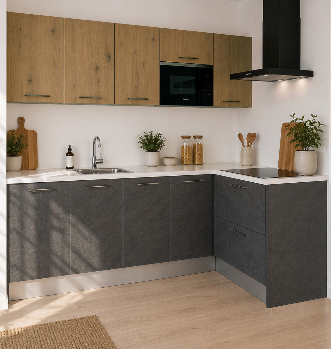 Cocina esencial l2415 en l2,4x1,5m 16mm gris oscuro y roble