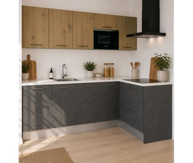 Cocina esencial l2415 en l2,4x1,5m 16mm gris oscuro y roble