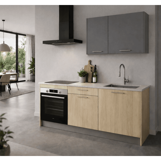 Cozinha ESENCIAL R18 reta 1,8m 16mm madeira natural e cinza