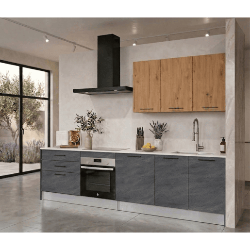 Cozinha ESENCIAL R30_2 reta 3,04m 16mm carvalho e cinza escuro