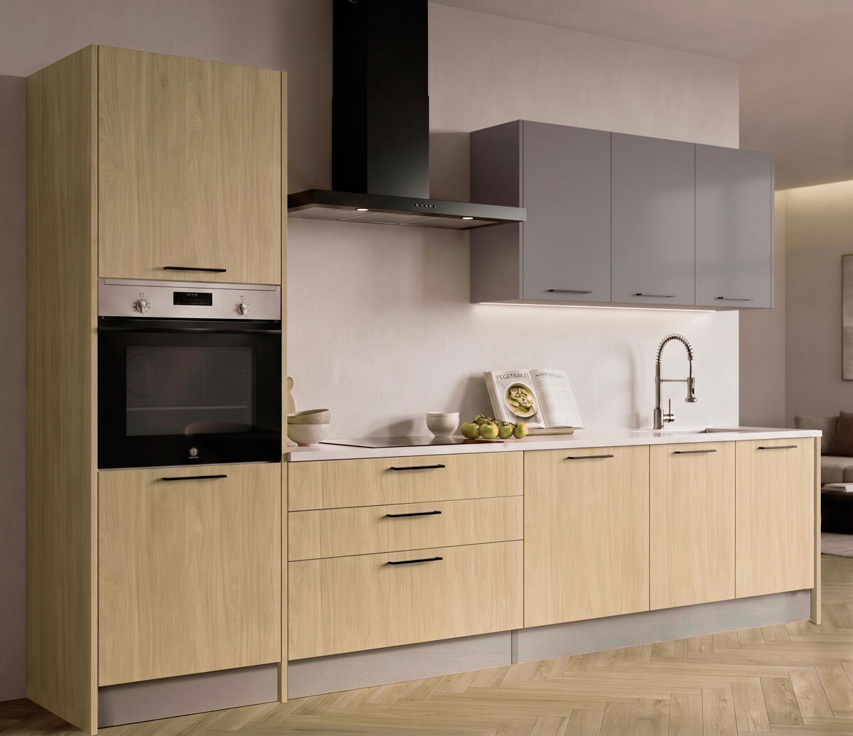 Cocina esencial r30 recta 3,06m 16mm madera natural y gris