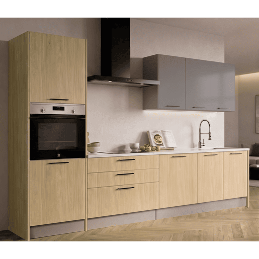Cozinha ESENCIALR30 reta 3,06m 16mm madeira natural e cinza