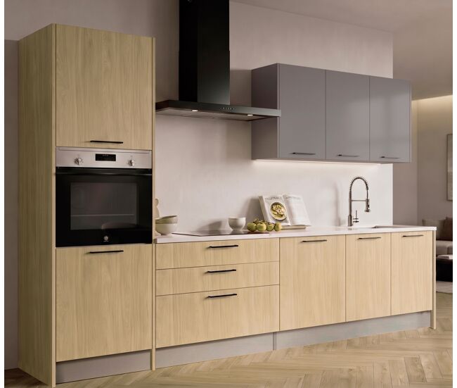 Cocina esencial r30 recta 3,06m 16mm madera natural y gris