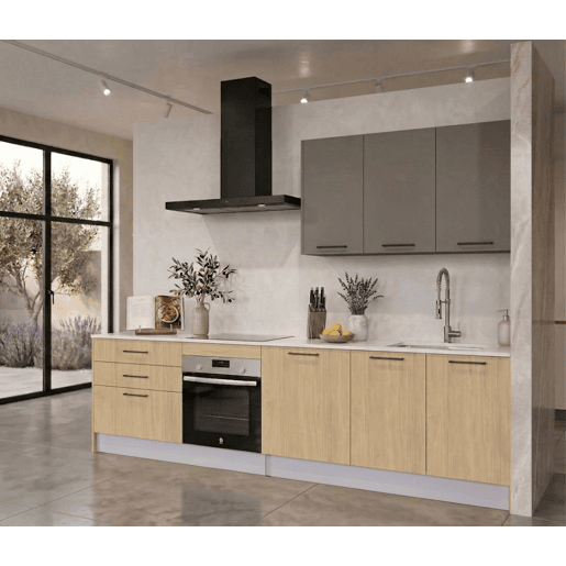 Cozinha ESENCIAL R30_2 reta 3,04m 16mm madeira natural e cinza