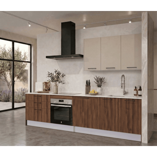 Cozinha ESENCIAL R30_2 reta 3,04m 16mm cinza e madeira natural