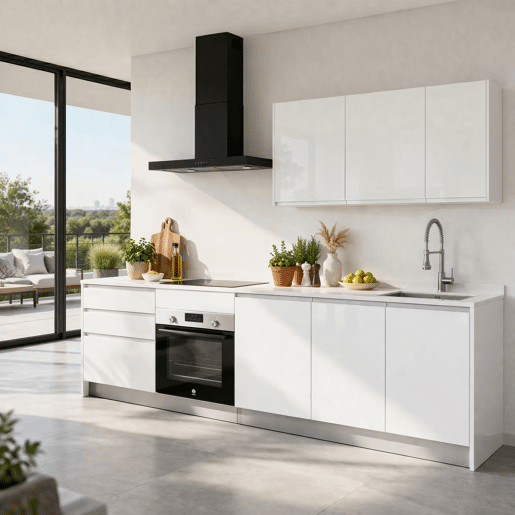 Cozinha ESENCIAL R30_2 reta 3,04m 22mm branco brilho sem puxador Cozinha ESENCIAL R30_2 reta 3,04m 22mm branco brilho sem puxador