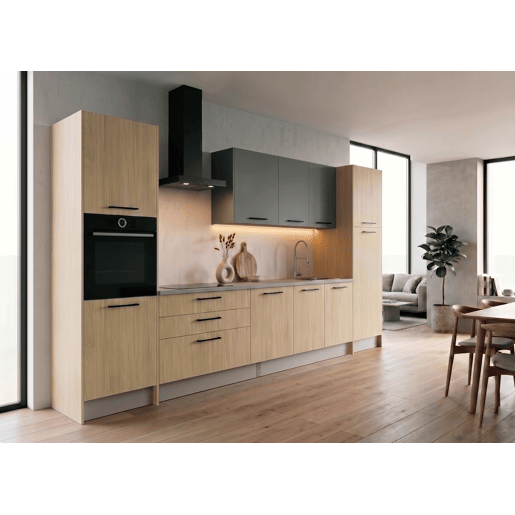 Cozinha ESENCIAL R36 reta 3,68m 16mm madeira natural e cinza