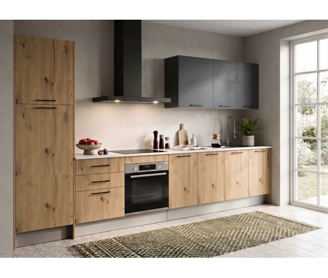 Cocina esencial r36_2 recta 3,66m 16mm roble y gris oscuro
