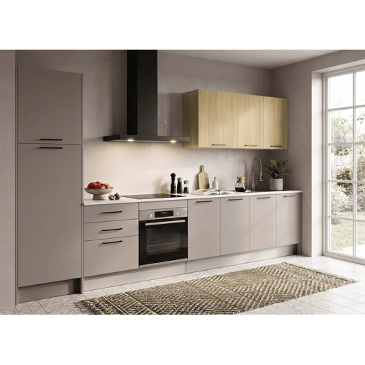 Cozinha ESENCIAL R36_2 reta 3,66m 16mm cinza e madeira natural
