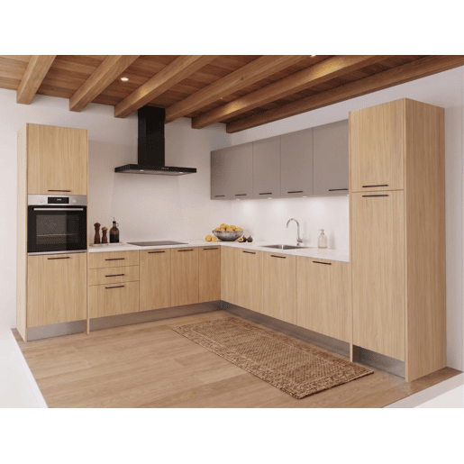 Cozinha ESENCIAL L3030 L 3x3m 16mm madeira natural e cinza