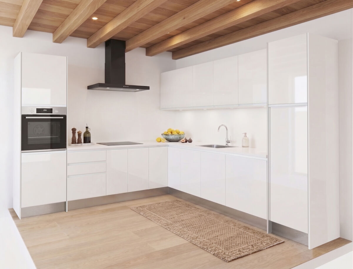 Cocina esencial l3030 en l3x3m 22mm blanco brillo sin tirador