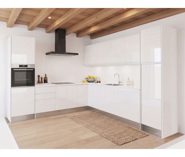 Cocina esencial l3030 en l3x3m 22mm blanco brillo sin tirador