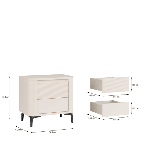 Mesa de cabeceira BREATHTAKER, 2 gavetas e pés de metal, bege