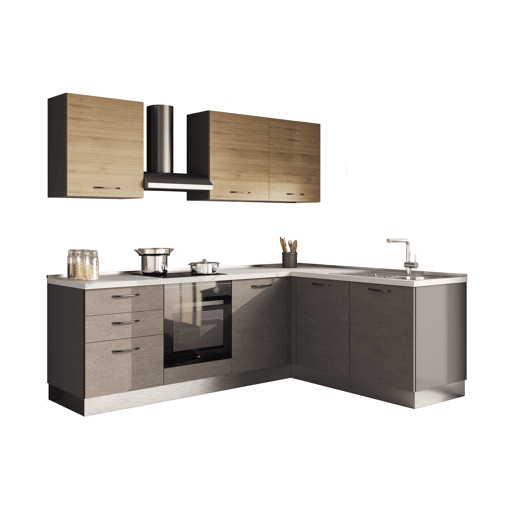 Cozinha com eletrodomésticos GILDA L 245x185cm madeira e cinza escuro Cozinha com eletrodomésticos GILDA L 245x185cm madeira e cinza escuro