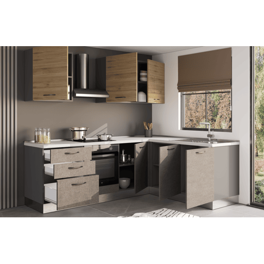Cozinha com eletrodomésticos GILDA L 245x185cm madeira e cinza escuro Cozinha com eletrodomésticos GILDA L 245x185cm madeira e cinza escuro
