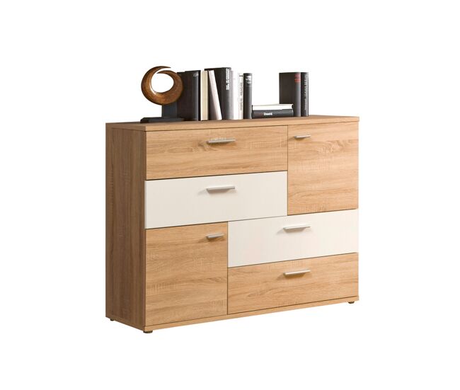 Aparador 2 puertas 4 cajones skive blanco y madera - conforama