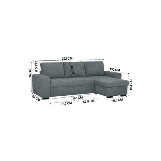 Chaise longue com cama HARRY reversível 3 lugares cinza