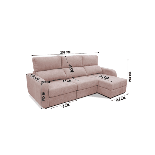 Chaise longue cama tecido APRIL dereita 4 lugares rosa