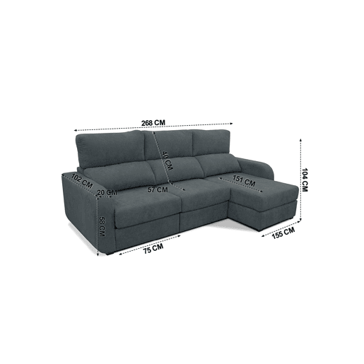 Chaise longue cama tecido APRIL dereita 4 lugares cinza