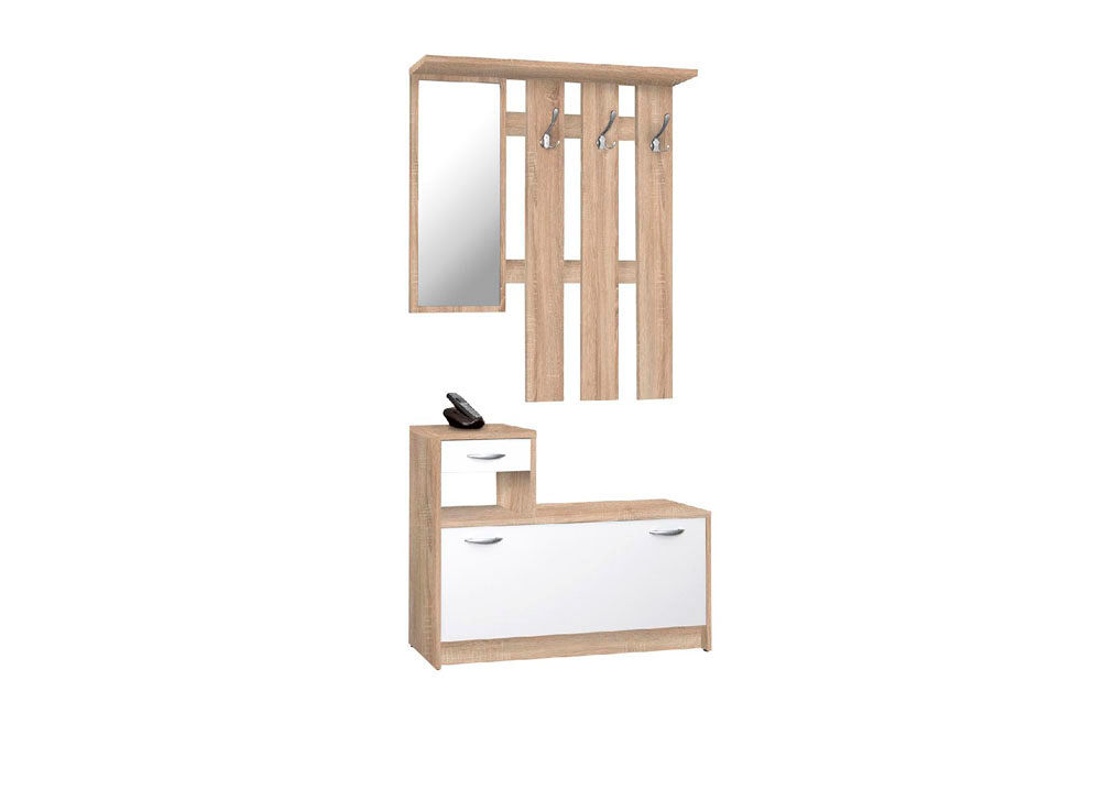 Mueble recibidor con zapatero y espejo hela roble y blanco
