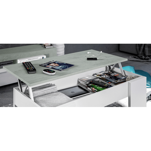 Mesa de centro elevável LINE II branco e cimento Mesa de centro elevável LINE II branco e cimento