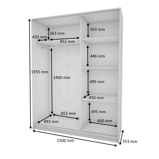 Roupeiro YORK portas deslizantes com espelho 150x195cm branco