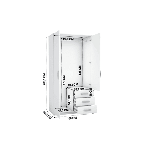 Roupeiro DUNA 2 portas batentes com espelho 100x200cm branco