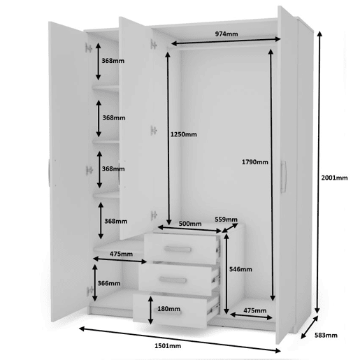 Roupeiro DUNA 3 portas batentes com espelho 150x200cm branco