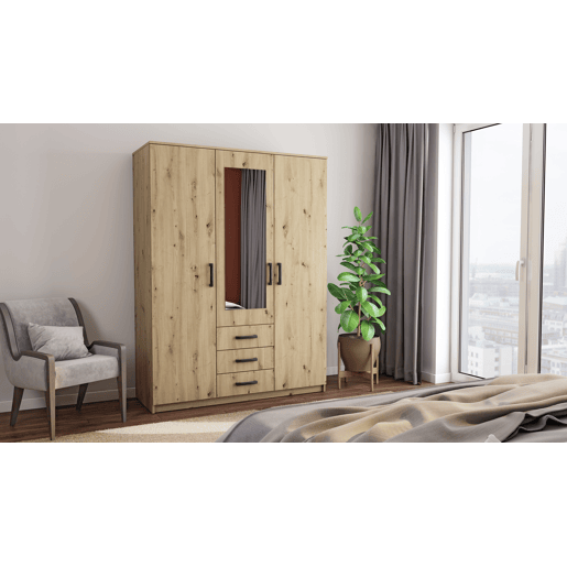 Roupeiro DUNA 3 portas batentes com espelho 150x200cm carvalho