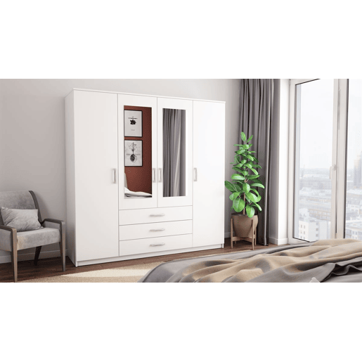 Roupeiro DUNA 4 portas batentes 2 espelhos 200x200cm branco