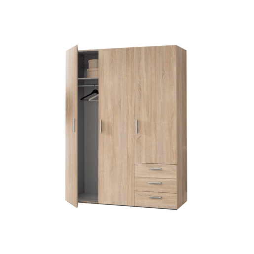 Roupeiro BROOKLYN portas batentes e 3 gavetas 139x185cm carvalho