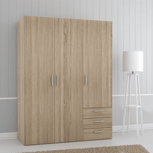Roupeiro BROOKLYN portas batentes e 3 gavetas 139x185cm carvalho