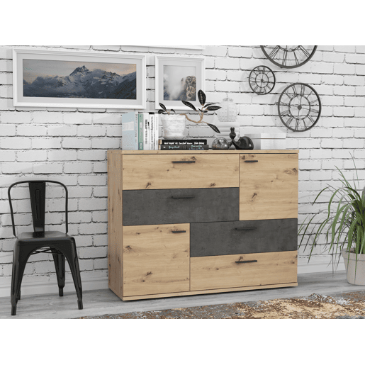Aparador com 2 portas e 4 gavetas SKIVE carvalho e preto