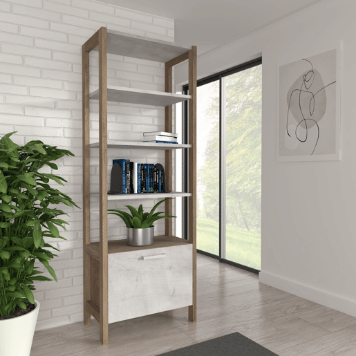 Estante VERONA com 4 aberturas e una porta branco e madeira