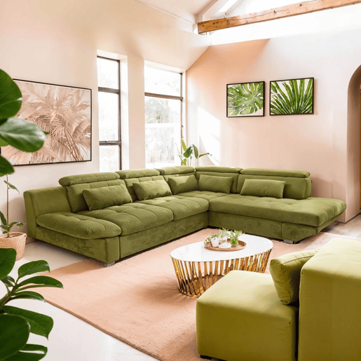 Sofá de canto com cama ETERNITY dereita 5 lugares verde