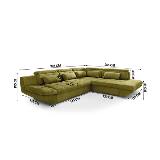 Sofá de canto com cama ETERNITY dereita 5 lugares verde