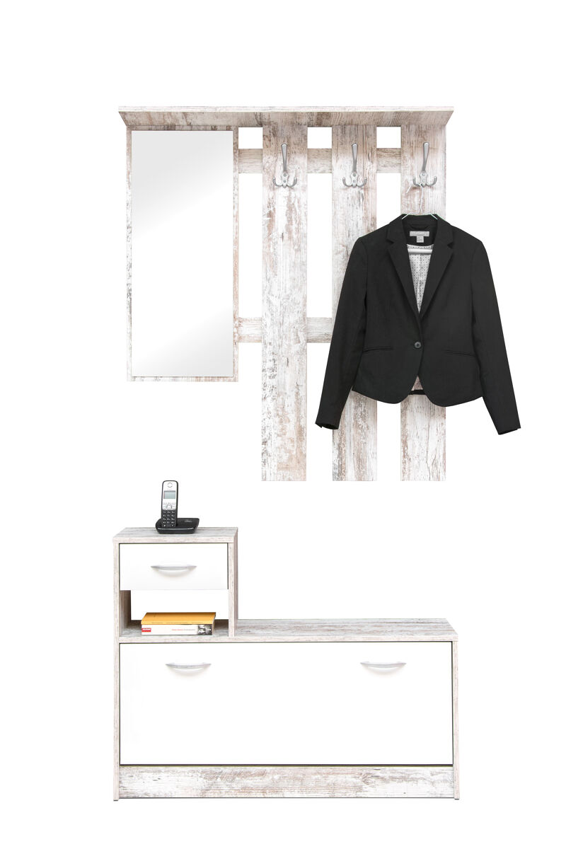 Mueble recibidor con zapatero y espejo hela gris y blanco