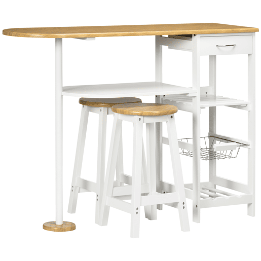 HOMCOM Conjunto de Mesa de Bar com 1 Gaveta 2 Prateleiras Cesta Removível e Suporte para Garrafas Mobiliário Alto com Mesa 119x38,5x88,5cm e 2 Bancos 29x29x55cm para Sala de Jantar Cozinha Branco