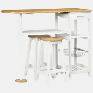 HOMCOM Conjunto de Mesa de Bar com 1 Gaveta 2 Prateleiras Cesta Removível e Suporte para Garrafas Mobiliário Alto com Mesa 119x38,5x88,5cm e 2 Bancos 29x29x55cm para Sala de Jantar Cozinha Branco