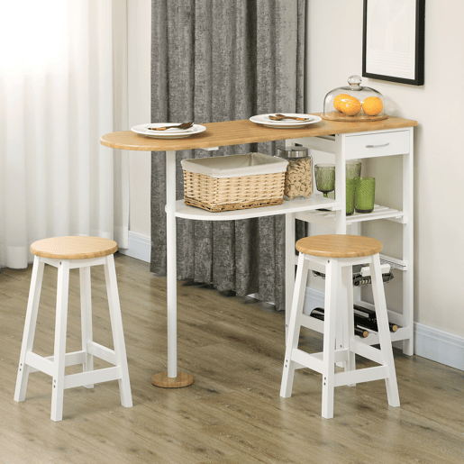HOMCOM Conjunto de Mesa de Bar com 1 Gaveta 2 Prateleiras Cesta Removível e Suporte para Garrafas Mobiliário Alto com Mesa 119x38,5x88,5cm e 2 Bancos 29x29x55cm para Sala de Jantar Cozinha Branco