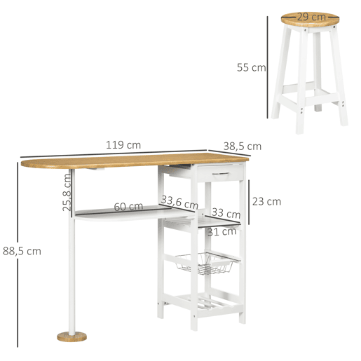 HOMCOM Conjunto de Mesa de Bar com 1 Gaveta 2 Prateleiras Cesta Removível e Suporte para Garrafas Mobiliário Alto com Mesa 119x38,5x88,5cm e 2 Bancos 29x29x55cm para Sala de Jantar Cozinha Branco