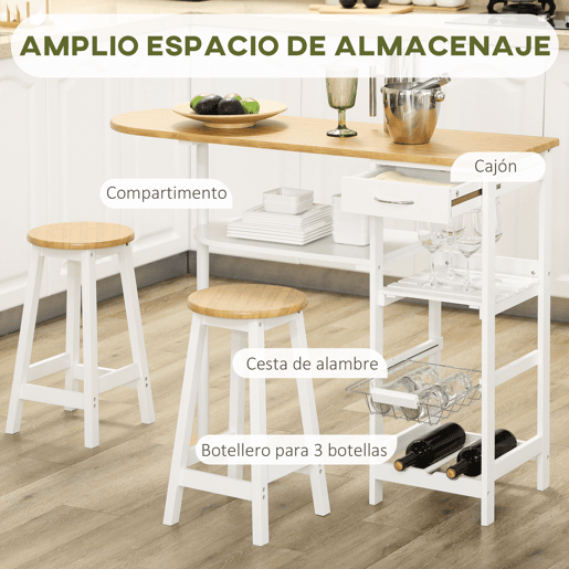 HOMCOM Conjunto de Mesa de Bar com 1 Gaveta 2 Prateleiras Cesta Removível e Suporte para Garrafas Mobiliário Alto com Mesa 119x38,5x88,5cm e 2 Bancos 29x29x55cm para Sala de Jantar Cozinha Branco