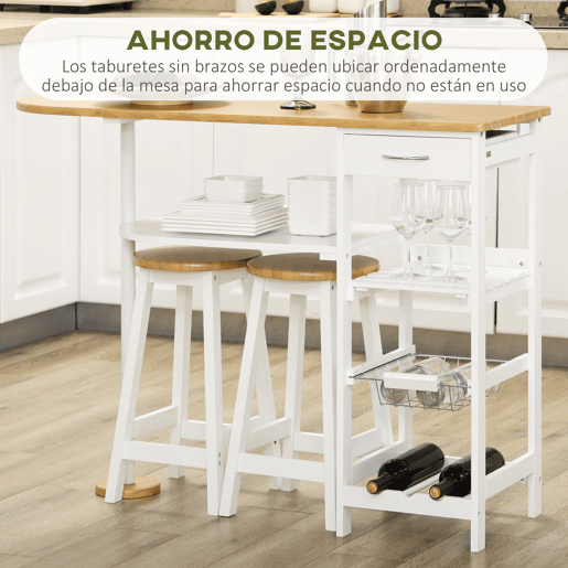 HOMCOM Conjunto de Mesa de Bar com 1 Gaveta 2 Prateleiras Cesta Removível e Suporte para Garrafas Mobiliário Alto com Mesa 119x38,5x88,5cm e 2 Bancos 29x29x55cm para Sala de Jantar Cozinha Branco