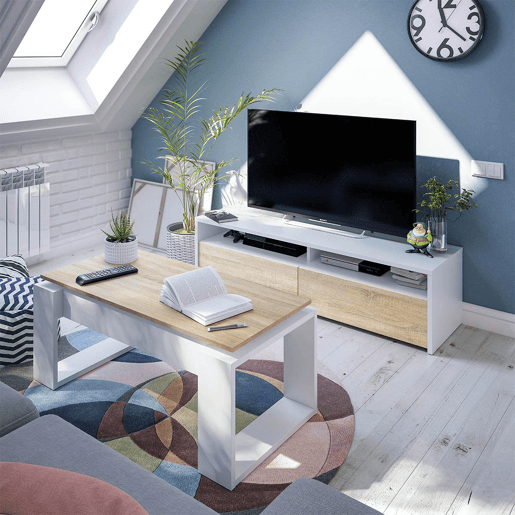 Mesa de TV Kioto 2 portas Artik White (Branco mate) - Carvalho canadiano 130 x 35,5 x 40,2 cm