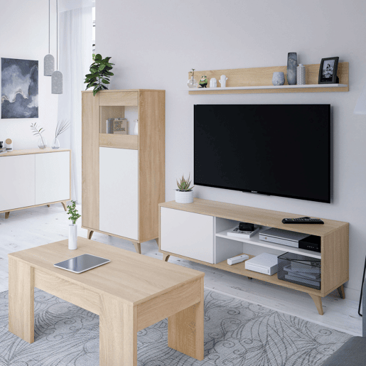 Suporte de TV com prateleira Kikua Plus Artik White (Branco mate) - Carvalho canadiano 135 x 50 x 40 cm