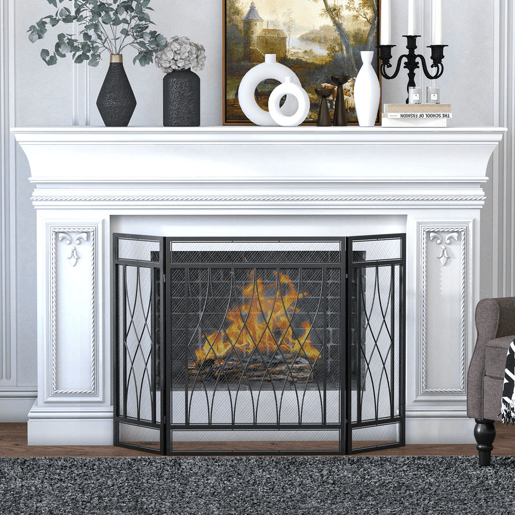 HOMCOM Frente de Lareira Dobrável Frente para Lareira com 3 Painéis com Dobradiças e Estrutura de Metal Decorativa 126x3x80cm Preto HOMCOM Frente de Lareira Dobrável Frente para Lareira com 3 Painéis com Dobradiças e Estrutura de Metal Decorativa 126x3x80cm Preto